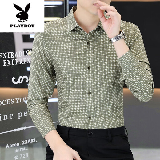 Playboy (Playboy) 2025 Spring and Automn Floral Shirt Men's Mend Business Business Casual Long Man à manches longues Veste de haut produit pour hommes JT Plus. Fleece 6169 vert clair M 90-110Jin [Jin est égal à 0,5 kg] / 165 cm