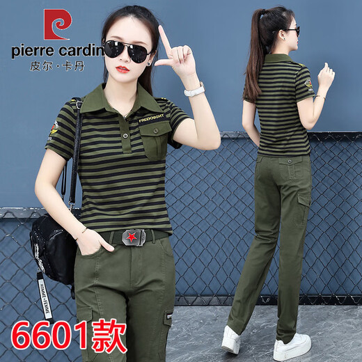 皮尔卡丹夏季迷彩服韩版休闲套装女短袖时尚大码显瘦薄款宽松运动广场舞服 条纹套装6601短袖+9230直筒裤 S 建议80-90斤