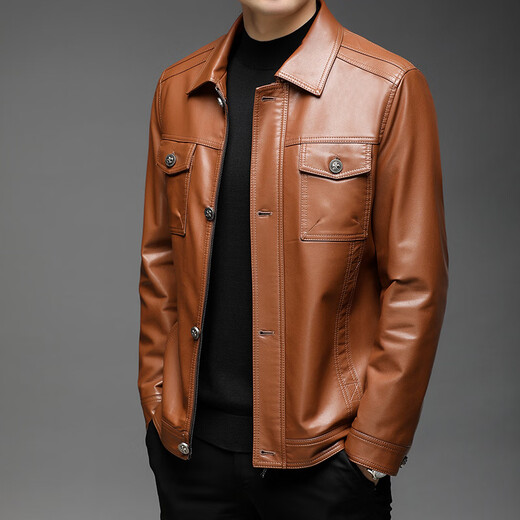 Playboy (PLAYBOY) Haining leather jacket for men with autumn and winter plus velvet warm jacket slim short leather breathable daddy installs motorcycle versatile jacket black thin L 175