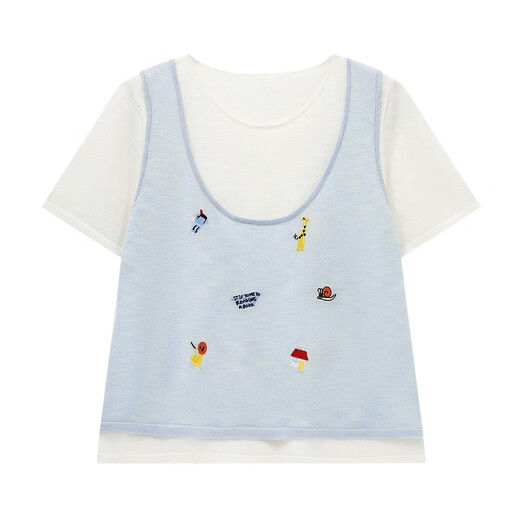 Basic House Basic House/Baijiahao cartoon embroidery contrasting top for women in summer fashion fake two-piece short-sleeved sweater Blue L