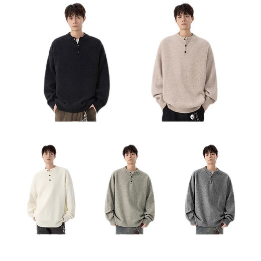 Reaching for the Stars Boys Men's Casual Henry Collar Bottoming Shirt Retro Sweatshirt Men's New Thickened Warmth Autumn and Winter Premium Sense JCDM-MY109 Light Gray XL