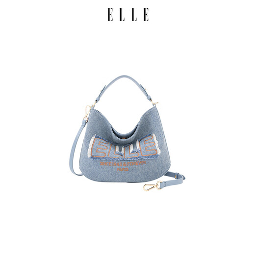 ELLE women's bag 2025 new bag denim crossbody bag versatile letter embroidered handbag commuter bucket bag denim blue