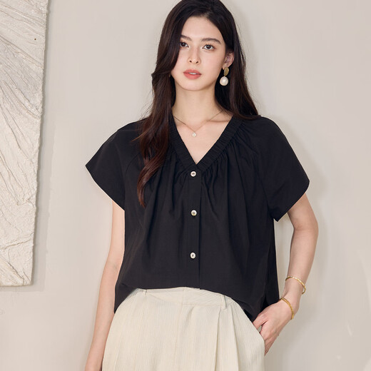 ROEYSHOUSE罗衣高级100%纯棉衬衫2025夏款宽松上衣11968 黑色  2XL   