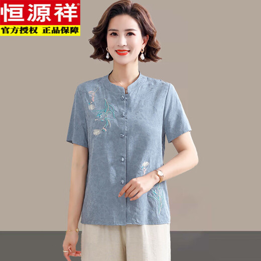 Hengyuanxiang middle-aged and elderly summer wear pure cotton cardigan top short-sleeved shirt women's embroidered ethnic style clothing mother's wear shirt thin green 2XL 105-120Jin Jin equals 0.5 kg