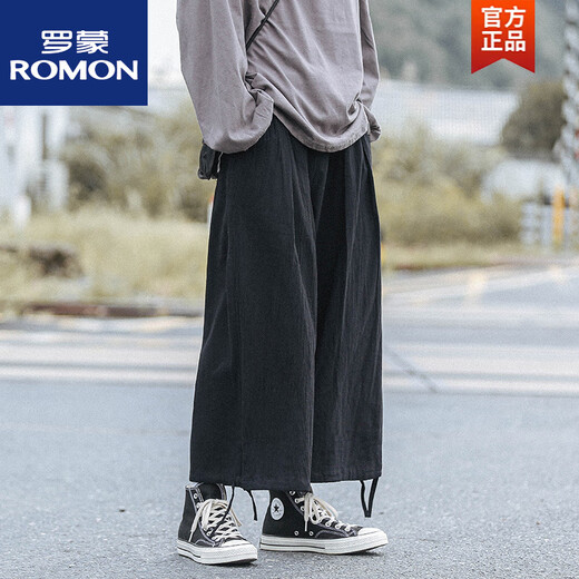 罗蒙（ROMON）胖子中国风复古阔腿裤男大码宽松休闲肥佬裤灯笼裤潮牌夏季束脚裤 深灰色 M