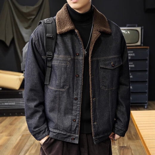 Winter velvet thickened denim jacket men's lamb velvet warm large size cotton coat slim men's casual work jacket blue black velvet original high quality L recommended 110-125Jin Jin equals 0.5 kg