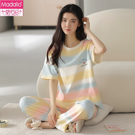 莫代尔纯棉睡衣女夏季纯棉短袖长裤宽松可外穿春秋款家居服套装 （短袖+长裤）YZT-9711 M 适合(80-100斤)穿