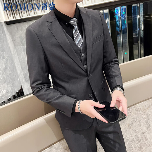 ROMON suit men's business slim suit men's professional formal wear groom wedding dress jacket black 2XL