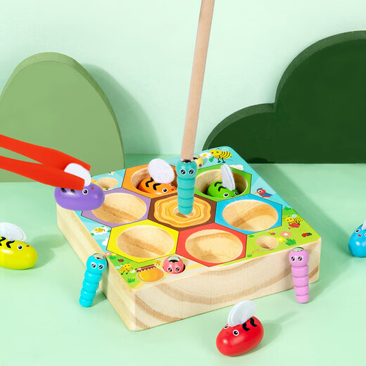 SANGTY children's fishing magnetic toys early education games intelligence boys and girls magnetic set three-dimensional fish box wooden honeycomb insect catching game (solid wood thickness)