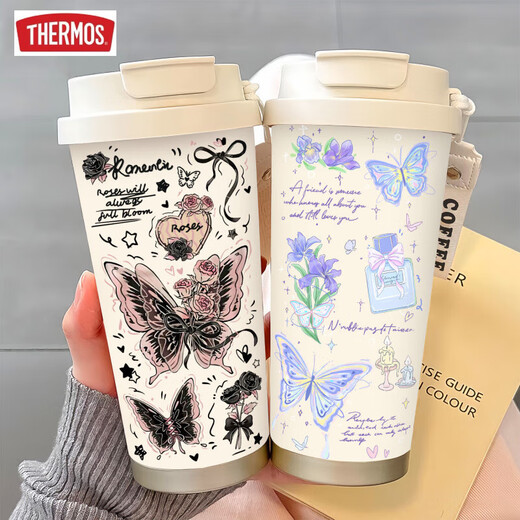 膳魔师（THERMOS）简约蝴蝶保温杯不锈钢便携双饮咖啡杯2025新款女吸管水杯子高颜值 BW1049暗粉蝴蝶A+配挂绳 陶瓷内胆