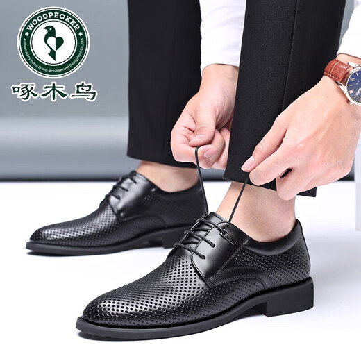 
Woodpecker head layer cowhide men's sandals summer genuine leather hollow leather shoes business casual height-enhancing British lace-up men's shoes 9928 black hollow sandals 40