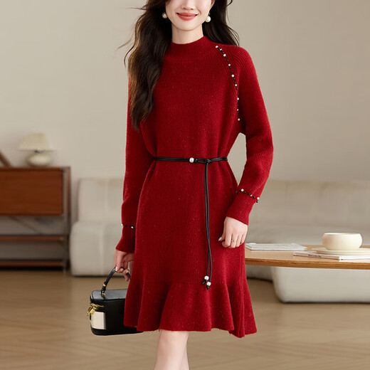 Robe de marque haut de gamme de luxe ehangy pour les femmes 2025 Nouvelle mi-haut à demi-manche en tricot, jupe décontractée à la mode APPRICOT Couleur S 80-95jin [Jin est égal à 0,5 kg]