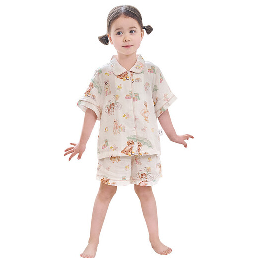 安旦2025新品儿童女士家居服亲子睡衣夏季短袖短裤竹棉纱布套装 海的晚安曲-儿童款 90 cm