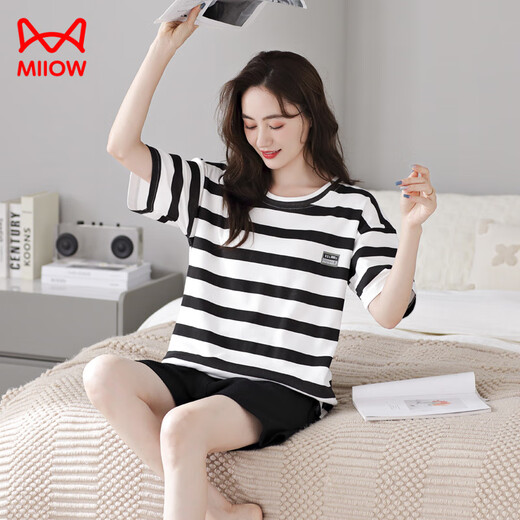 Catman (MIIOW) 2025 PAJAMAS POUR FEMMES EN SUMBRE CORTON PURS POUR STRIPES SUMBRES STYLE MINÉE POUR LES VOITS ESTES ENSEMBLE YZT9885 M RECOMMANDÉS 80-100JIN [Jin est égal à 0,5 kg]
