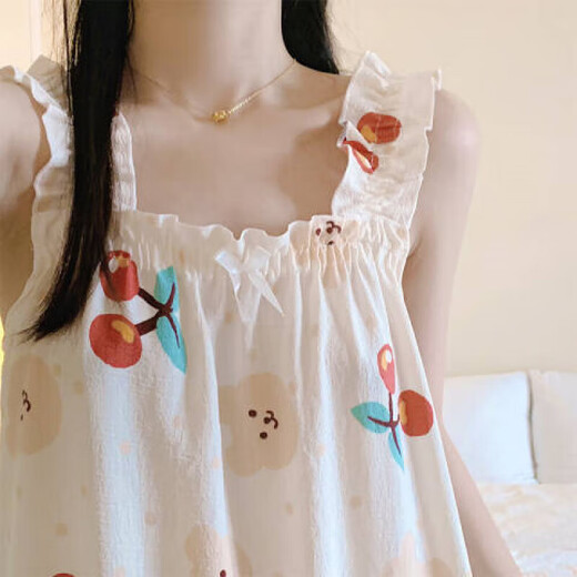 略辰夏季吊带睡衣女连衣裙可爱睡裙少女学生夏天棉纱布薄款家居服MJF_ MJF_9272#背心裙 樱桃小熊 M 建议80-95斤