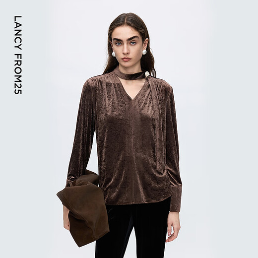 Langzi acetate velvet V-neck retro old money style top fashionable drape commuter shirt 2025 winter new style dark brown L