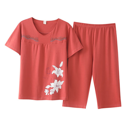 澳颜莱睡衣女士夏季棉套头短袖七分裤休闲薄款妈妈家居服两件套可外穿 香芋紫_6626「开衫款」# M 【建议80-斤】