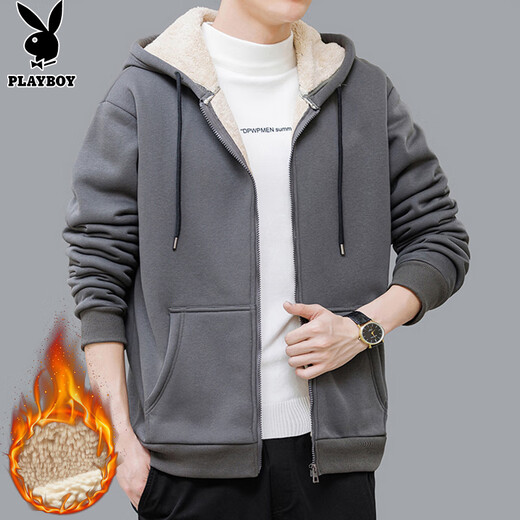 Playboy (PLAYBOY) jacket men's sherpa autumn and winter men's jacket sweatshirt casual plus velvet thickened trendy clothes