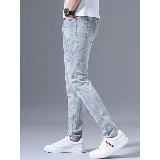 
HLA to autumn high-end stretch jeans for men's trendy brand ripped embroidery trendy slim-fitting small feet light color versatile long pants light blue 3890 crown ripped pants 31 [Suggested 125-135Jin [Jin equals 0.5 kg]]