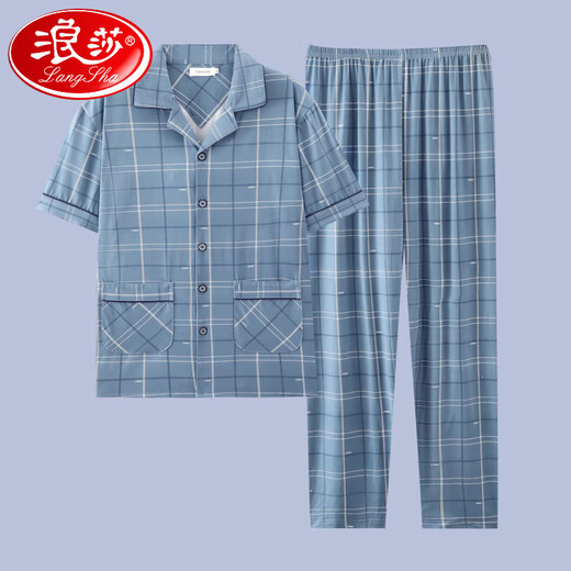浪莎（langsha）2025年新款男士睡衣短袖纯棉套装夏季男款长裤青少年可外穿家居服 G3881蓝色-短袖长裤 2XL 【建议140-160斤】