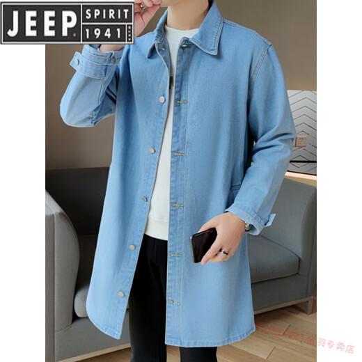 JEEP SPIRIT潮牌秋季男士中长款牛仔风衣男潮流韩版休闲宽松帅气大衣翻领外套 黑色 M 165(斤左右)