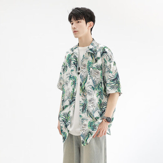 Kurashi Ichiki 2025 summer loose and comfortable ice silk cool short-sleeved shirt men's Hawaiian beach flower shirt jacket 6629 Madagascar black L