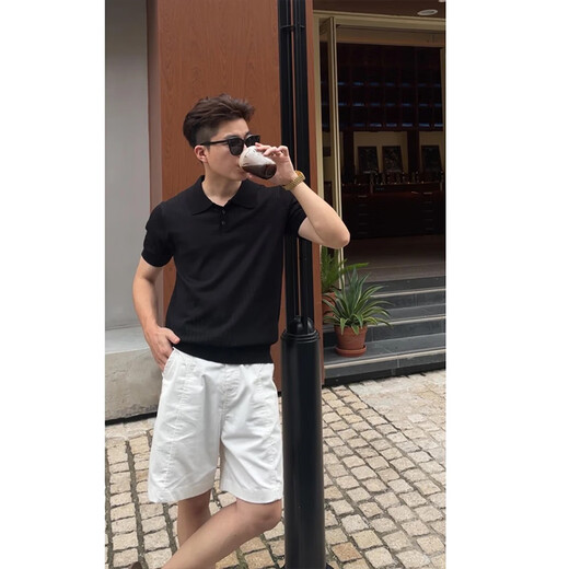 Jufeng old money style Henry collar knitted Polo shirt short-sleeved men's summer heavy lapel shoulder T-shirt American retro half-sleeved black M (suitable) 100-115Jin Jin equals 0.5 kg