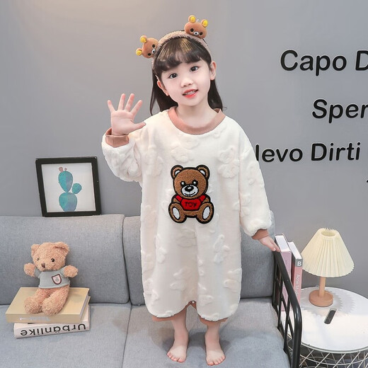 Girls autumn and winter flannel nightgown baby girl home clothes cute children girls coral velvet pajamas thickened sleeping bag off-white high density jacquard bear nightgown 90