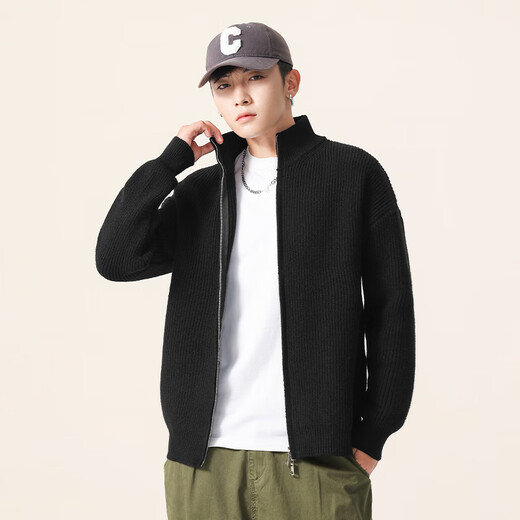 Miniso sweater winter men's sweater men's thickened coat stand collar cardigan soft waxy warm sweater Z light gray L