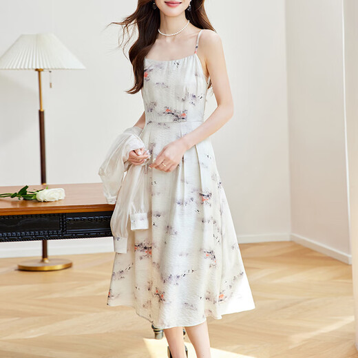 OLJ高档品牌连衣裙女2025年夏季新款新中式盘扣精致花朵两件套裙子 米杏套装 L