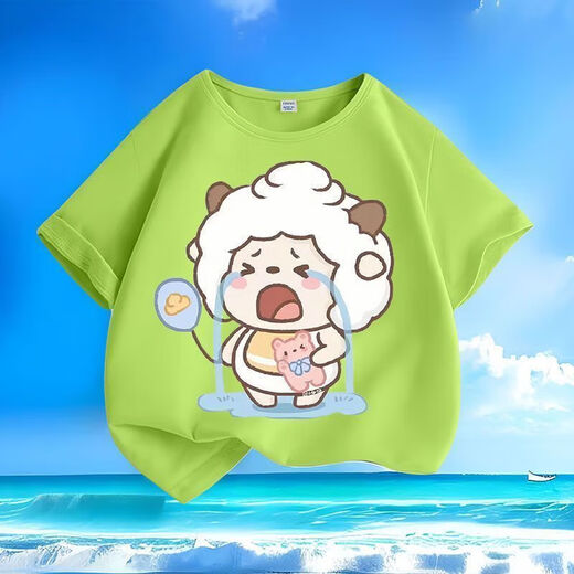 
Crying Lazy Sheep Summer New Printed Short Sleeve T-shirt for Men and Women Small and Medium Children's Short Sleeve T-shirts Pure Cotton Round Neck Casual Trend-SL Green-KX698 Lazy 150 [Suggested height 140-150 cm]