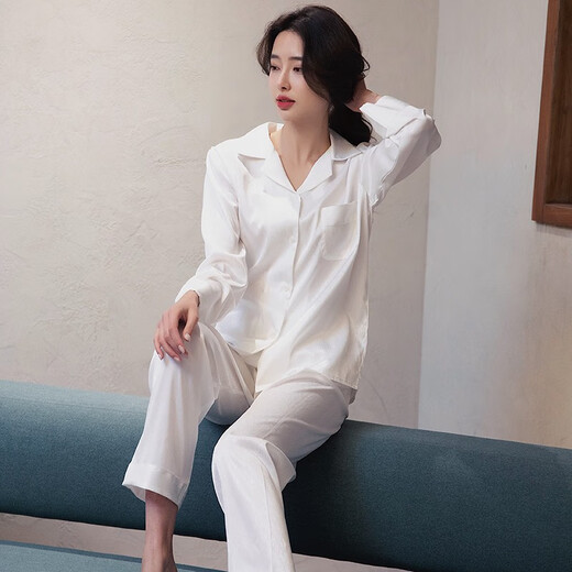 Montagut Pyjamas für Frauen Frühling und Herbst lange Ärmel Ice Silk Sense Mode Internet Celebrity Home Clothes Ins Stil Französischer Sommer Dünn XE Doppelte Länge 6623# Pearl White M.