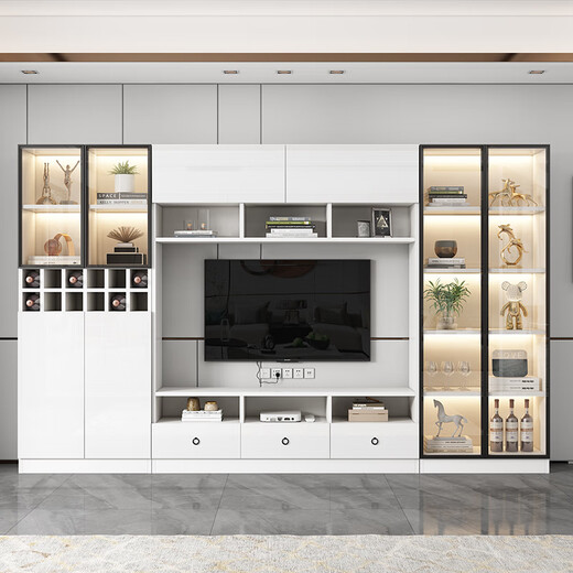 Yilangde JiangyUyuyuan Gabinete de televisión Gabinete de pared Gabinete integrado de almacenamiento de madera sólida Customización del gabinete de almacenamiento [Jianyuyuan] 14380*210*35cm