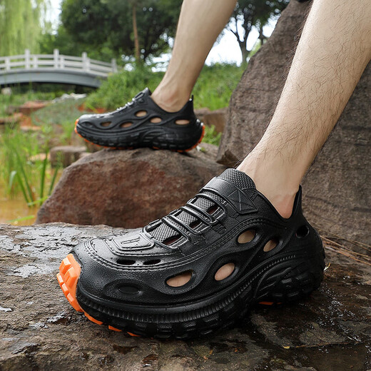 
An Shangfen hole shoes men's summer wear odor-proof and non-slip outdoor driving fishing and hiking beach sandals sports slippers men's black 43 positive size (inner length 265mm)