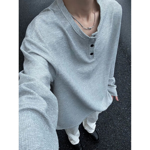 POUMcleanfit Henry Neck Long Sleeve T-shirt Men's Spring and Autumn Summer New Sweater Waffle American Base Shirt T-shirt CQS-1381 Black Fleece M