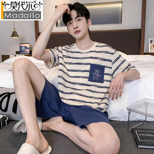 莫代尔100%纯棉睡衣男夏季短袖卡通条纹青少年宽松大码可外穿家居服套装 YZT673棉套装 L 码 建议110-130斤