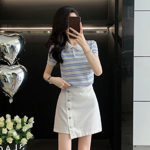 Longwenstin (L.WEST) Summer 2025 New Korean Striped Short Sleeve Top Slim and Versatile Denim Short Skirt Suit Skirt Two-piece Summer White Skirt 7170B S
