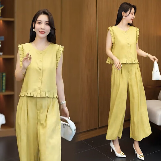 
Xin Yimei suit women's two-piece set 2025 summer new style slimming and age-reducing black ear vest wide-leg pants temperament set Navy blue XL [115-125Jin [Jin equals 0.5 kg]]