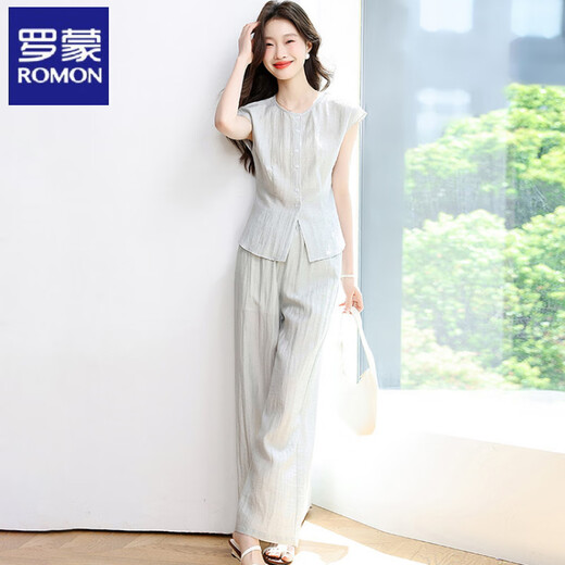 Romon (Romon) Design Slim ärmellose Top-Hose zweiteiliger Sommer Neue modische altersreduzierende Weitbeinhosen Leinen Set Mint Mamba S