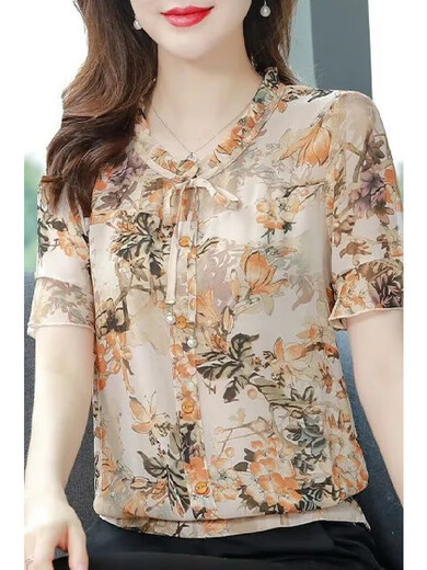 2025 new summer short-sleeved shirt for women's floral chiffon shirt loose slim top mother's fashionable shirt yellow 3XL [Suggested 130-140Jin [Jin equals 0.5 kg]]