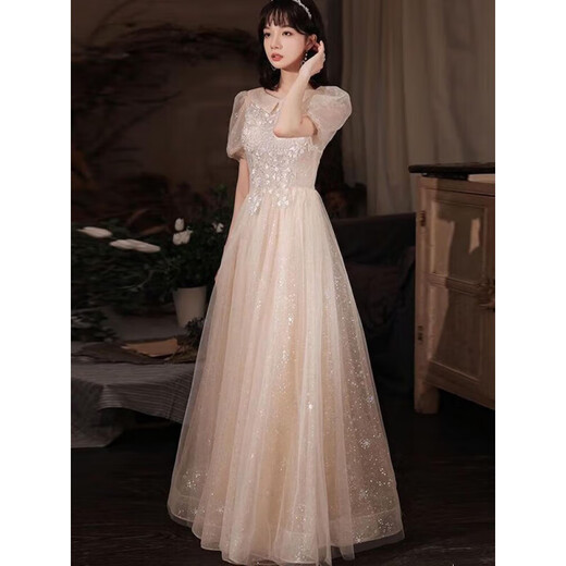 Ayub Student Graduation Ceremony High School Senior Dress 2024 New Small Adult Ceremony 18th Birthday Bridesmaid Dress Women Summer 19 Champagne Long Short Sleeve L