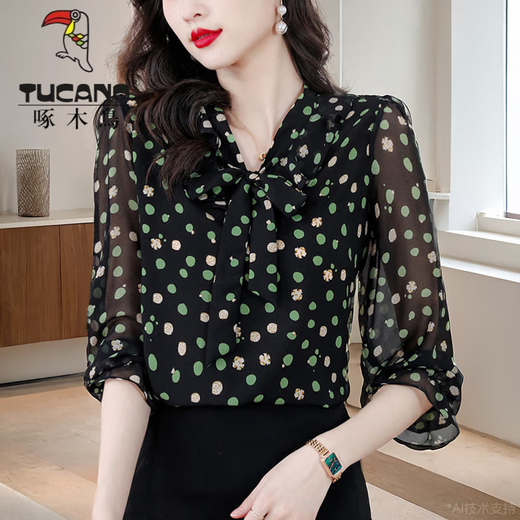 Woodpecker Wave Dot Long Sleeve Chiffon Shirt for Women in Spring and Summer New Bow Temperament Top Fashionable Middle-aged and Elderly Mother's Shirt Apricot 9923 Model M _90-100Jin [Jin equals 0.5 kg]