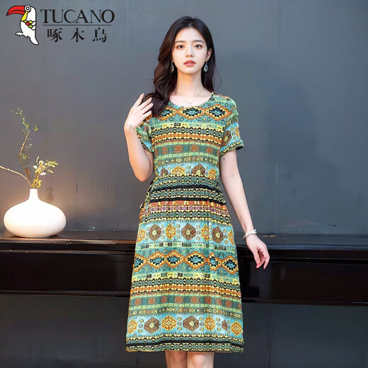 Tucano; Vestido de seda de algodón de pájaros carpinteros para mujeres de mediana edad y ancianos en el verano 2025 Nuevo falda de cubierta floral de gran tamaño de manga corta. Ligero y delgado 683-Nuevo No. 18 Color delgado 3xl [130-150Jin [Jin equivale a 0.5 kg]]