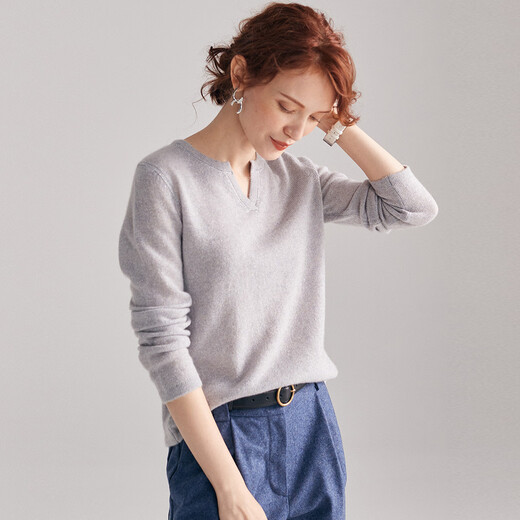 PALUOPO 2025 Exquisite Henry Collar Cashmere Sweater Women's Autumn and Winter Sweater Bottoming Sweater ET19156R White Gray M 160/100