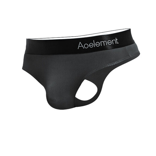 Men's low-waisted U-convex elastic tight sexy T-panties, slippery butt-revealing ice silk thong, breathable and cool T-pants sports black L