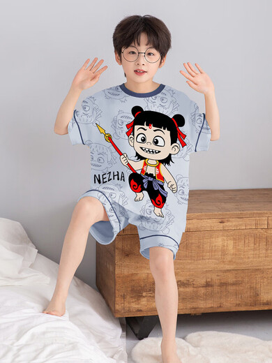哪咤儿童睡衣青少年男孩纯棉2025新款大童家居服男童短袖短裤吸汗 N694那吒【100%纯棉】 130 【14码】125-135CM 50-60斤