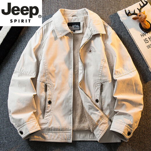 JEEP SPIRIT high-end pure cotton workwear lamb velvet jacket men's autumn and winter velvet thickened cotton clothes men's winter cotton jackets off-white M (100-120Jin Jin equals 0.5 kg)