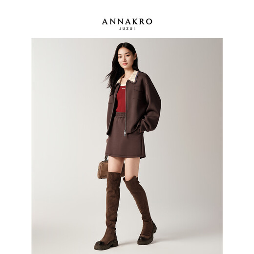 Jiuzi Annakokluli sports style casual age-reducing relaxed sweatshirt suit for women 2025 autumn new style dark coffee S
