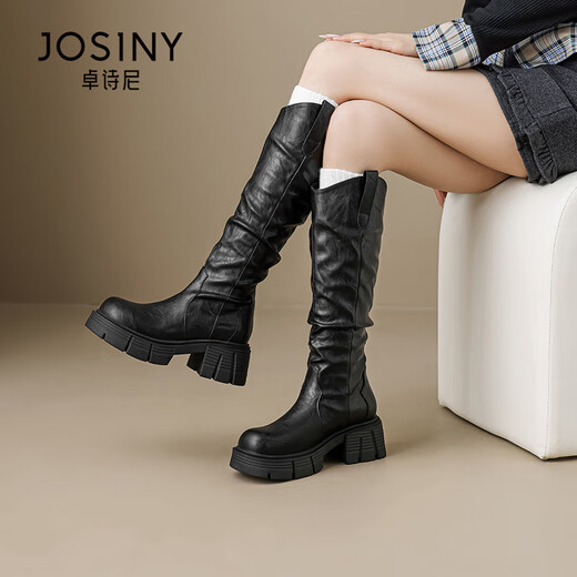 
Zhuosini thick-soled long boots for women 2025 autumn and winter new style but knee long boots folded pile boots thick heel heightened knight boots black - single 35