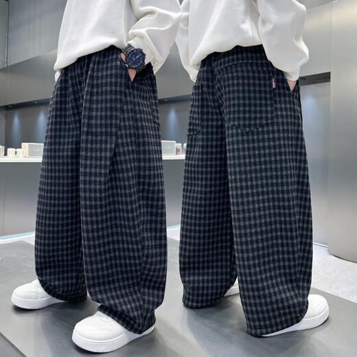 Xiaohongshu's hot style boys' autumn and winter pants with velvet and thickening 2025 new big children's all-in-one velvet winter casual clothes for children, dark blue and black with velvet, cm 120